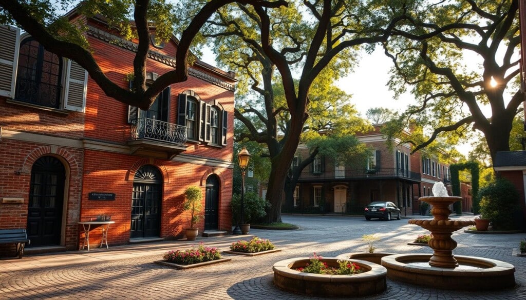 A quaint historic townhouse nestled on a cobblestone street, its weathered red brick facade and ornate architectural details casting a warm glow under the soft afternoon sun. The building's windows are adorned with intricate wrought-iron balconies, hinting at the elegant interiors within. In the foreground, an intimate courtyard is populated with small blooming flower beds and a bubbling stone fountain, creating a serene and inviting atmosphere. Towering oak trees line the street, their verdant canopies providing dappled shade. The overall scene evokes a sense of timeless charm and the quiet allure of a lesser-known historical gem.