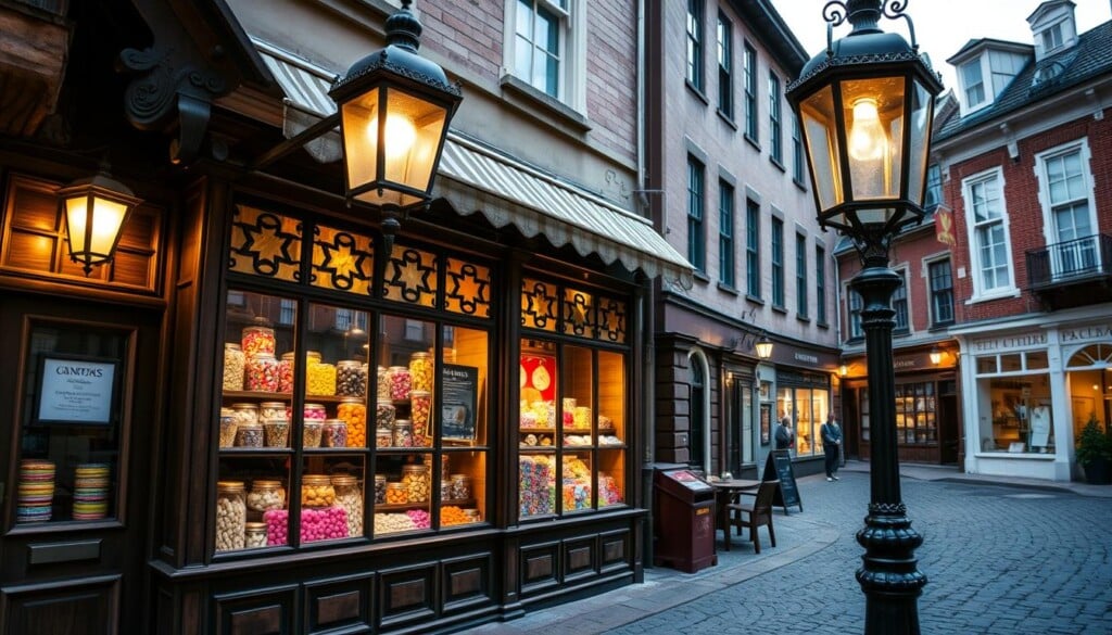 A quaint, old-fashioned candy shop nestled on a charming cobblestone street. The storefront features a warm, vintage aesthetic with wooden beams, intricate window displays, and a classic awning. Through the large display windows, one can glimpse the inviting interior, filled with rows of glass jars brimming with colorful, traditional sweets. The lighting is soft and ambient, casting a nostalgic glow over the scene. In the foreground, an ornate wrought-iron lamppost stands as a focal point, while in the background, a row of historic buildings sets the stage for this timeless, quintessential small-town candy emporium.