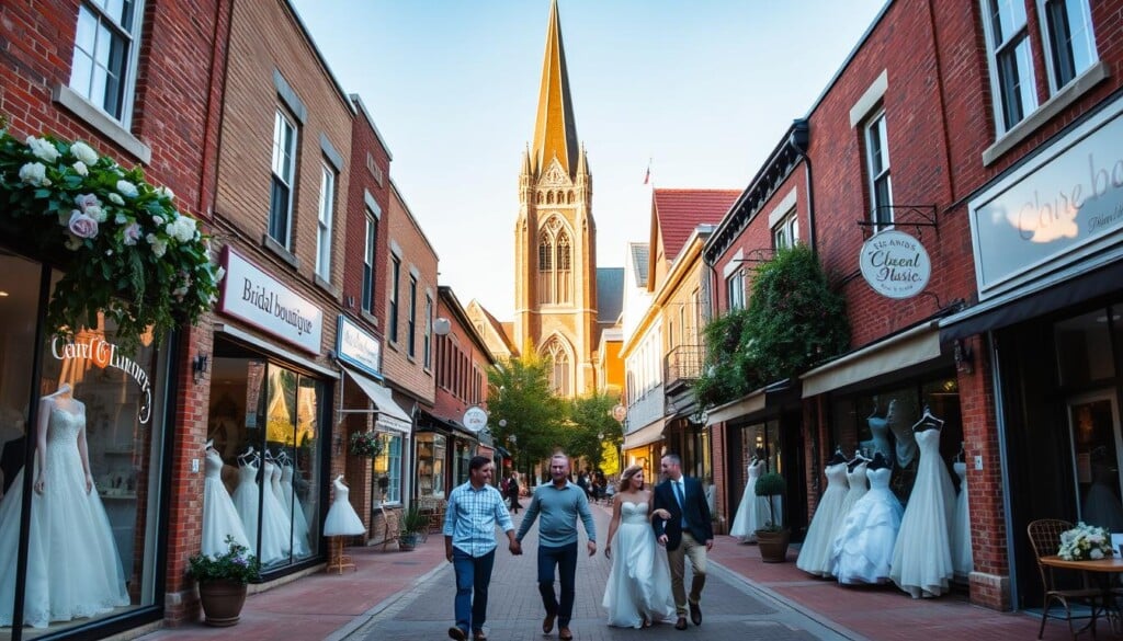 A quaint town square lined with locally-owned bridal boutiques, their inviting storefronts adorned with floral displays and elegant window displays showcasing the latest wedding gowns. The sun casts a warm, golden glow across the brick facades, creating a welcoming ambiance. In the foreground, couples stroll hand-in-hand, examining the dresses and chatting with the friendly shopkeepers. Soft music drifts from a nearby cafe, adding to the relaxed, community-centric atmosphere. The middle ground features a mix of modern and vintage architectural styles, hinting at the stores' rich local history. In the background, a towering church steeple stands tall, its gothic spires reaching towards the azure sky, a symbolic representation of the community's cherished traditions.