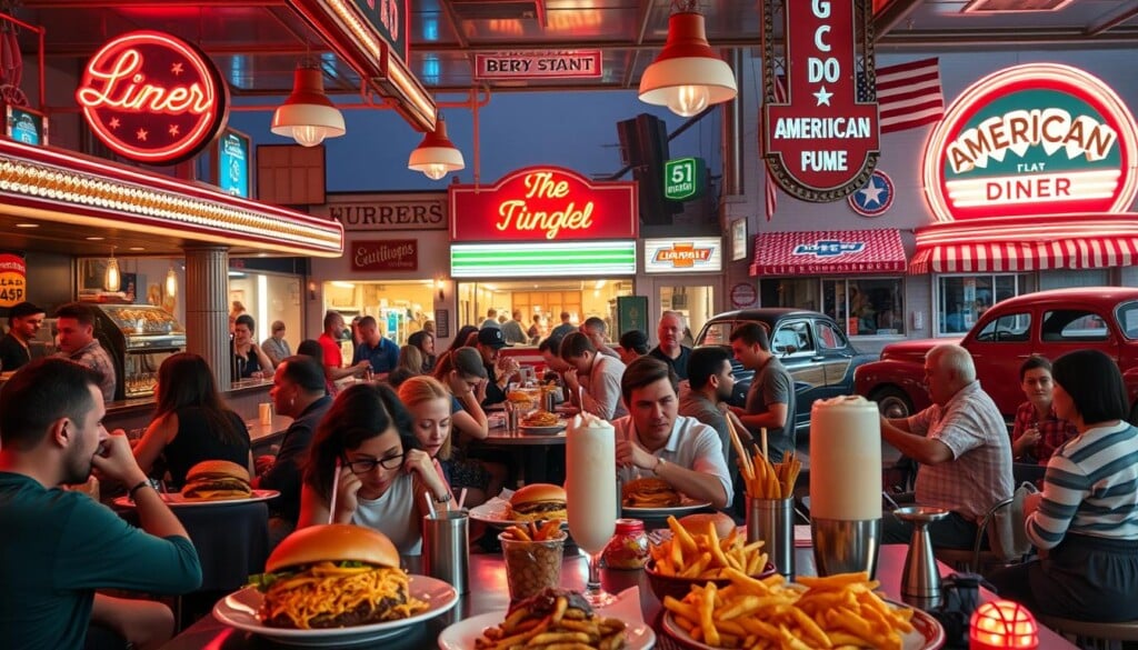 A quintessential American diner scene with vibrant neon signs, bustling waitstaff, and an array of classic dishes filling the foreground - juicy burgers, crispy fries, and towering milkshakes. In the middle ground, a diverse crowd of diners enjoying their meals, their faces lit by the warm, ambient lighting. The background showcases the iconic architecture of an all-American main street, with vintage storefronts and a vintage Chevrolet parked outside, creating a nostalgic, timeless atmosphere. Captured with a wide-angle lens to convey a sense of immersion, the image exudes the spirit of the best American food spots - where tradition, community, and culinary delights converge.