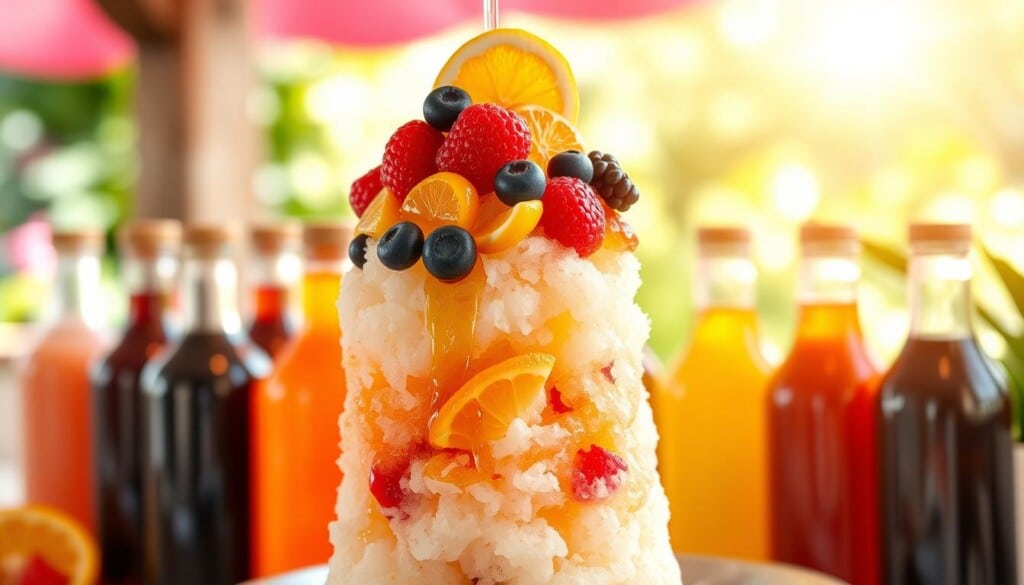 A refreshing, vibrant shaved ice dessert, bursting with layers of natural fruit flavors and a creamy, ice-like texture. The foreground features a towering serving of shaved ice, crowned with a colorful assortment of fresh berries, sliced citrus, and a drizzle of honey. The middle ground showcases a variety of flavorful syrups in glass bottles, inviting the user to customize their treat. The background subtly hints at a cozy, sun-dappled outdoor setting, with hints of greenery and a soft, hazy lighting that evokes a sense of summer bliss. The overall composition conveys a healthier, more refreshing alternative to traditional ice cream, perfectly suited for a hot day.