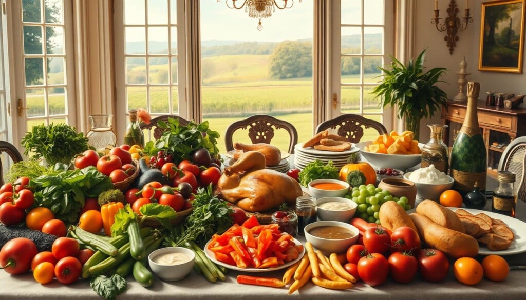 A richly colored oil painting of a bountiful French cuisine spread, displayed in an elegant, well-lit dining room. In the foreground, an array of vibrant, fresh vegetables, fruits, and herbs. In the middle ground, finely plated dishes of hearty, wholesome French fare - roasted poultry, artisanal breads, and a variety of sauces and condiments. The background features large windows overlooking a verdant, pastoral landscape, bathed in warm, natural lighting. The overall mood is one of healthfulness, refinement, and joie de vivre.