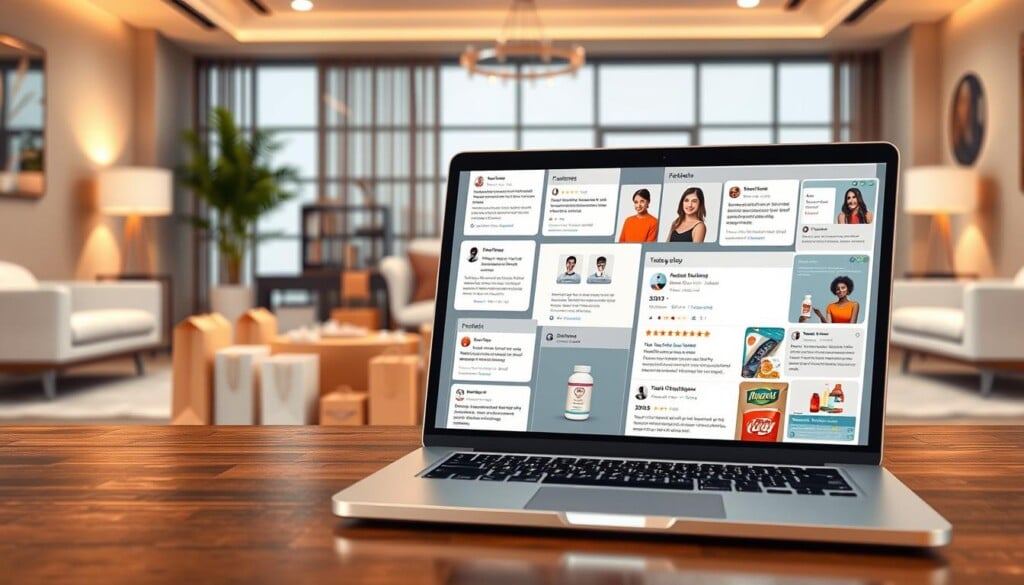 A richly-detailed 3D scene showcasing customer review insights. In the foreground, a stylized laptop displays a collage of customer testimonials, product ratings, and review excerpts. The middle ground features a neatly arranged array of shopping bags, boxes, and product packaging, hinting at a successful e-commerce business. In the background, an elegant office setting with minimalist furniture and warm lighting creates a professional, trustworthy atmosphere. The overall composition conveys an insightful, data-driven approach to understanding customer sentiment and preferences.