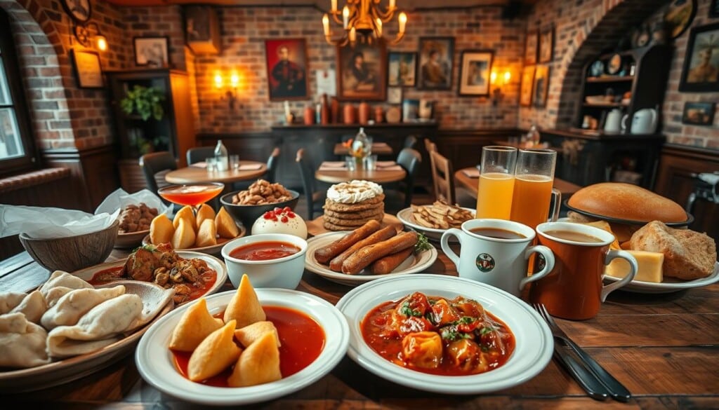 A richly detailed scene of unique Polish cuisine specialties, perfectly lit and captured with a wide-angle lens to showcase the array of traditional dishes. In the foreground, a spread of iconic Polish fare like pierogi, borscht, and kielbasa, meticulously arranged on a rustic wooden table. The middle ground features a lineup of traditional Polish desserts like makowiec and sernik, alongside steaming mugs of aromatic kompot. In the background, a cozy, authentic Polish restaurant setting with exposed brick walls, antique furnishings, and warm, golden lighting, creating an inviting and immersive atmosphere.