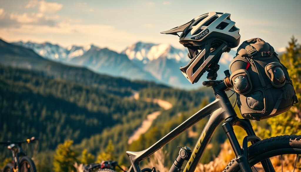 A rugged outdoor scene, a mountain biker's paradise. In the foreground, a sleek carbon fiber mountain bike, its frame gleaming in the warm afternoon sunlight. Atop the bike, an array of high-performance gear - a lightweight helmet with advanced ventilation, protective elbow and knee pads, and a durable backpack for carrying essentials. In the middle ground, a winding trail snakes through lush, verdant forests, with towering peaks rising in the distance, their snow-capped summits reflecting the day's golden rays. The atmosphere is one of adventure and challenge, inviting the viewer to explore the thrilling world of mountain biking.