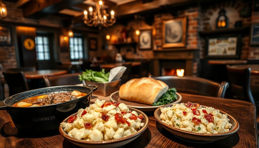 A rustic table in a cozy Irish pub, adorned with an assortment of seasonal dishes. In the foreground, a hearty beef and Guinness stew simmers in a cast-iron pot, its rich aroma filling the air. Beside it, a platter of traditional colcannon, a creamy mash of potatoes and kale, garnished with crispy bacon bits. In the middle ground, a freshly baked soda bread loaf, its golden crust glistening under the warm, soft lighting. In the background, a panoramic view of the charming pub interior, complete with exposed brick walls, dark wooden beams, and a crackling fireplace casting a warm, inviting glow. The scene evokes the quintessential Irish dining experience, perfect for a night of comfort and celebration.