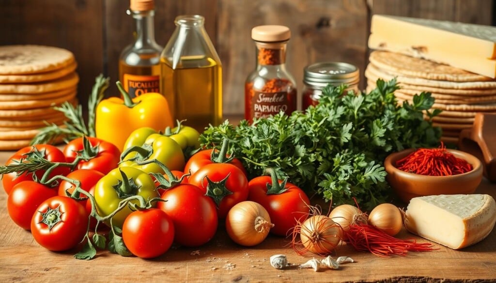 A rustic wooden table is illuminated by warm, natural lighting, showcasing an array of essential Spanish cooking ingredients. In the foreground, a vibrant array of vibrant red tomatoes, green bell peppers, and golden onions are neatly arranged. In the middle ground, a bundle of fresh herbs, including rosemary, thyme, and parsley, stands tall. Behind them, a bottle of high-quality extra virgin olive oil and a jar of smoked paprika add depth and authenticity. The background features a stack of flour-dusted tortillas, a wedge of Manchego cheese, and a small terracotta bowl filled with vibrant saffron threads. The overall composition evokes the flavors and aromas of traditional Spanish cuisine, inviting the viewer to embark on a culinary journey.