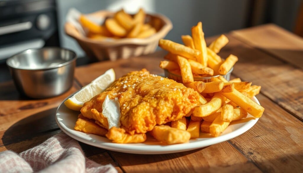 A rustic wooden table set with a plate of freshly fried golden-brown fish and crispy, thick-cut potato chips. The fish is flaky and moist, while the chips are fluffy on the inside and crunchy on the outside. Garnished with a sprinkle of sea salt and a wedge of lemon, casting a soft natural light across the scene. The background is blurred, hinting at a cozy, homey kitchen setting. The overall mood is warm, inviting, and evocative of classic comfort food.