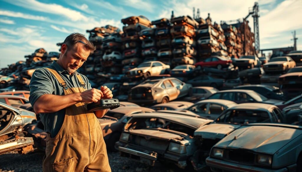 A salvage yard filled with a variety of rusted and weathered cars, set against a backdrop of blue sky and wispy clouds. In the foreground, a worker in overalls examines a car part, capturing the hands-on, utilitarian nature of the business. The middle ground showcases rows of stacked and crumpled vehicles, creating an intriguing visual texture. In the background, towering piles of scrap metal and machinery suggest the scale and industry of the salvage operation. The overall lighting is warm and natural, with soft shadows and highlights accentuating the gritty, industrial atmosphere. The scene conveys the expertise, efficiency, and practical necessity of salvage yards in providing affordable car parts to the public.