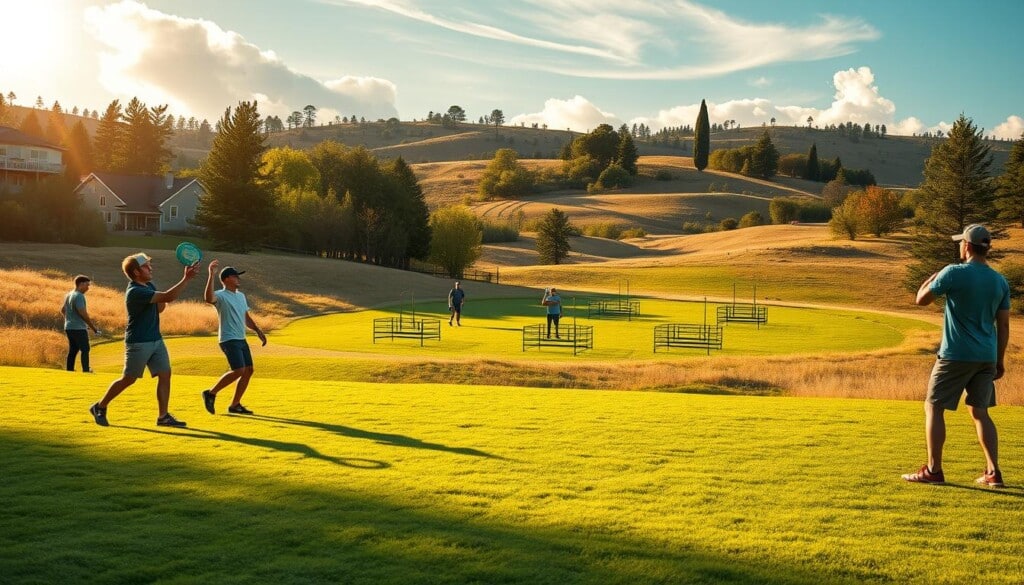 A scenic outdoor setting for a disc golf training program. In the foreground, several disc golfers practice their throws on a lush, verdant fairway, their focused expressions and dynamic poses captured with photorealistic detail. The middle ground features a well-designed disc golf course, complete with challenging obstacles and strategically placed targets. In the background, rolling hills and towering trees create a serene, natural backdrop, bathed in warm, golden sunlight that filters through wispy clouds. The overall atmosphere conveys a sense of tranquility, skill development, and immersion in the sport of disc golf.