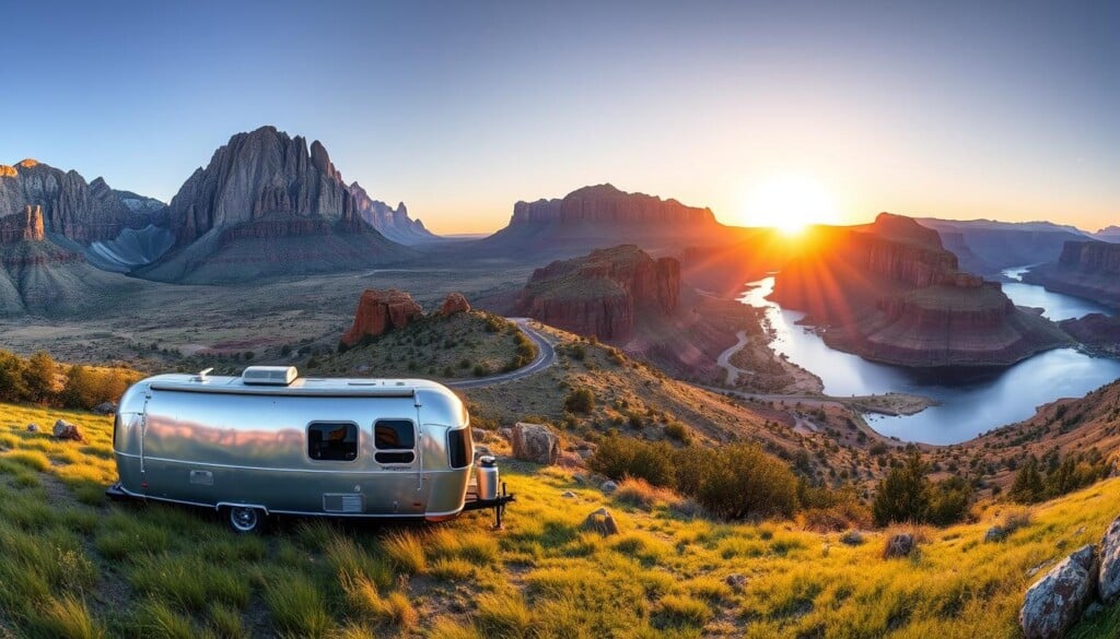 A scenic panorama of the most captivating RV destinations across the United States. In the foreground, a majestic Airstream trailer rests amidst a lush meadow, framed by towering mountains in the distance. The middle ground features a winding road leading through a picturesque canyon, with red rock formations and lush vegetation lining the path. In the background, a serene lake reflects the golden sunset, casting a warm glow over the entire scene. The lighting is soft and natural, creating a sense of tranquility and adventure. The lens captures a wide, sweeping view to showcase the diverse landscapes and the perfect RV getaway spots.