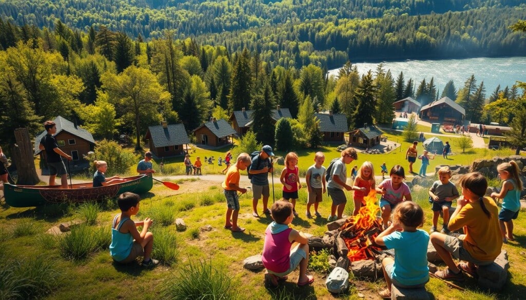 A scenic summer camp setting with lush, verdant forests and a sparkling lake in the background. In the foreground, a diverse group of happy, energetic children engaged in various outdoor activities - some canoeing on the lake, others hiking on a winding trail, and a few participating in a lively campfire with s'mores. The scene is bathed in warm, golden sunlight, creating a sense of adventure, discovery, and camaraderie. The camp cabins and facilities are visible in the middle ground, with a well-equipped sports field and arts & crafts area. The overall atmosphere exudes the spirit of exploration, learning, and unforgettable summer memories.