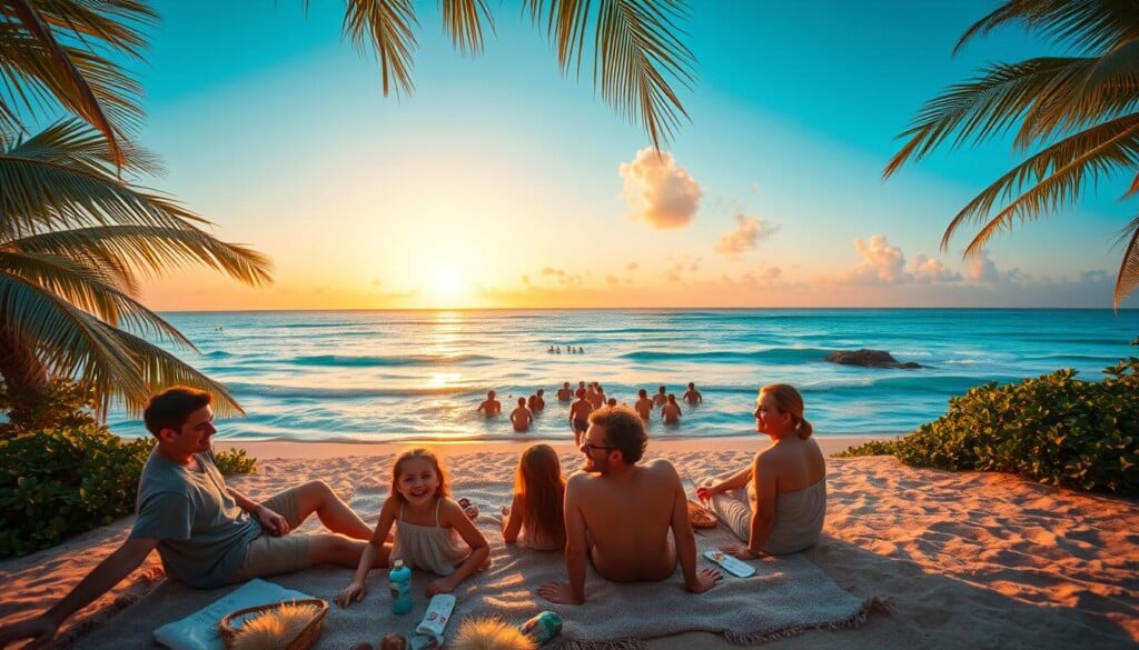 A scenic vista of a lush, tropical beach with swaying palm trees and clear turquoise waters. In the foreground, a family enjoys a picnic on a plush blanket, laughter and joy radiating from their expressions. The middle ground features a group of friends swimming in the inviting ocean, their carefree movements captured in a dynamic, wide-angle shot. In the background, a stunning sunset paints the sky in vibrant hues of orange and pink, creating a warm, inviting atmosphere. The scene is illuminated by natural, golden-hour lighting, casting a soft, dream-like glow over the entire composition. The overall mood is one of relaxation, adventure, and the creation of lasting memories.