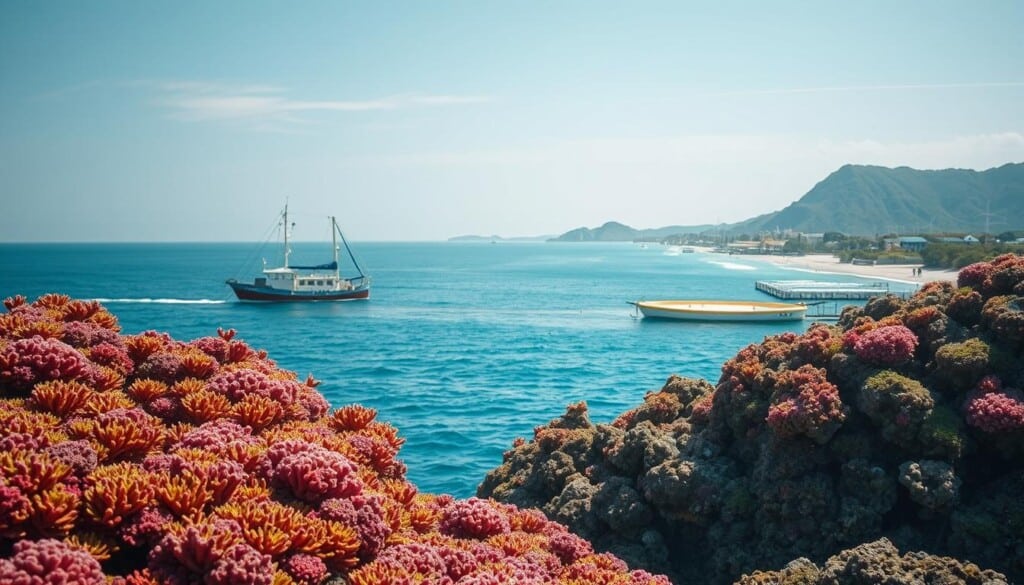 A seascape of sustainable seafood practices, with a vibrant coral reef in the foreground teeming with diverse marine life. In the middle ground, a fishing vessel employs responsible harvesting techniques, casting nets with care to minimize bycatch. The background showcases a breathtaking coastline, where eco-friendly aquaculture facilities dot the shoreline, harnessing renewable energy and implementing water conservation methods. Soft, natural lighting bathes the scene, creating a serene and harmonious atmosphere that reflects the delicate balance between human activity and marine ecosystems. The overall composition conveys a sense of environmental stewardship and the importance of preserving the ocean's rich resources.