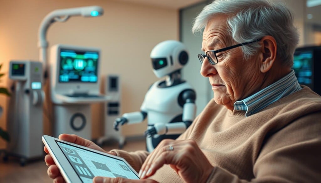 A senior citizen gently interacts with futuristic healthcare technology, surrounded by a warm, inviting atmosphere. In the foreground, a soft-lit tablet displays medical data, its intuitive interface designed for easy use. In the middle ground, a robotic assistant discretely monitors vitals, its movements fluid and unobtrusive. In the background, sleek medical equipment blends seamlessly into a modern, high-tech yet comforting environment. Diffused lighting casts a gentle glow, creating a sense of security and wellness. The scene conveys the harmonious integration of advanced technology and personalized senior care, hinting at the promise of the future of healthcare for the aging population.