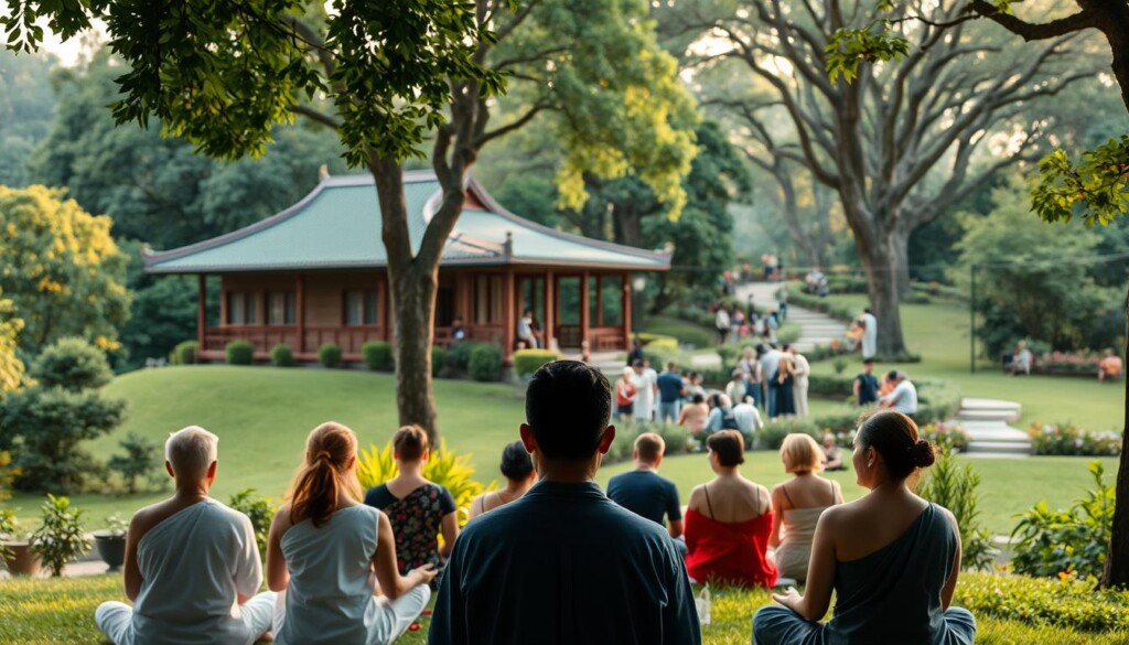 A serene Buddhist temple nestled in a lush, green landscape, with a group of meditating practitioners seated in the foreground, their faces radiating calm and introspection. The middle ground showcases a vibrant community gathering, with people of diverse ages and backgrounds engaged in discussion, sharing ideas and supporting one another's mental well-being. In the background, a tranquil garden path winds through the grounds, inviting visitors to explore and find inner peace. Soft, warm lighting filters through the trees, creating a soothing, contemplative atmosphere that reflects the harmonious connection between the Buddhist community and its positive impact on mental health.