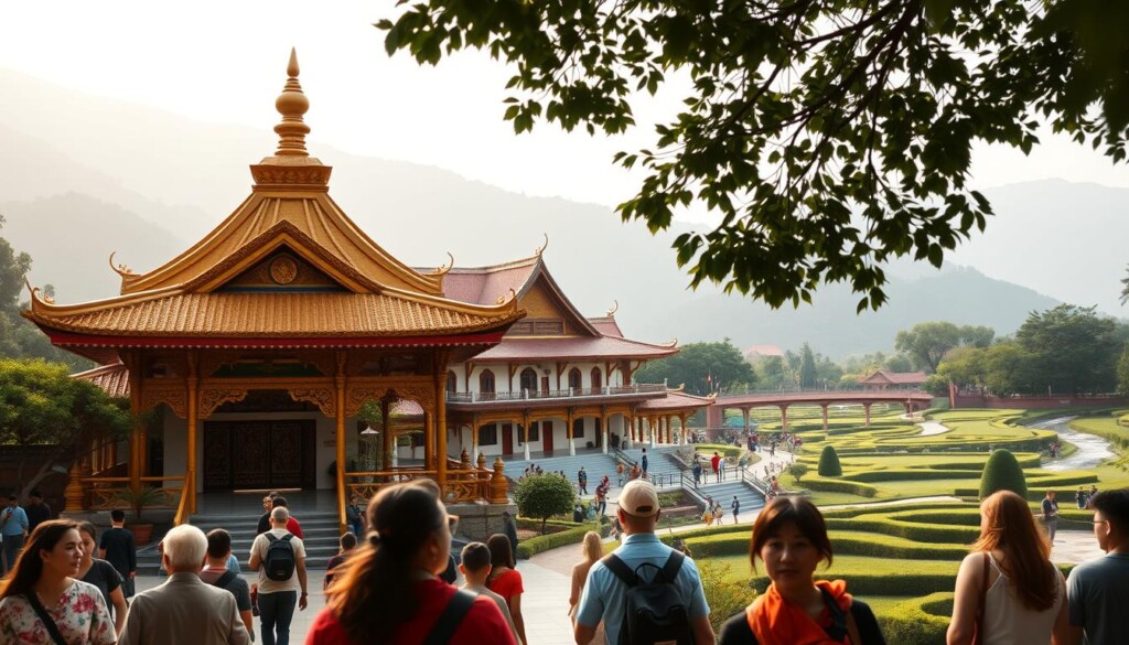 A serene Buddhist temple nestled in a tranquil landscape, its golden roofs gleaming under the soft, diffused light of a late afternoon sun. In the foreground, a group of visitors approach the ornate entrance, their expressions filled with a sense of wonder and anticipation, as they embark on their first journey to this sacred space. The middle ground features the main hall, its intricate architecture and vibrant details captivating the eye, inviting the viewer to step inside and explore the rich history and teachings within. The background showcases a lush, verdant garden, with carefully manicured pathways and the gentle flow of a nearby stream, creating a calming and welcoming atmosphere for those seeking a moment of peace and reflection.