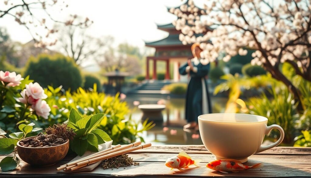 A serene Chinese garden setting, with a woman in traditional dress practicing Tai Chi amidst lush vegetation. The foreground features an arrangement of Chinese herbal remedies, acupuncture needles, and a cup of steaming tea. The middle ground showcases a calming water feature, with koi fish swimming leisurely. The background depicts a pagoda-style structure, framed by blooming cherry blossom trees. Warm, diffused natural lighting illuminates the scene, creating a tranquil, timeless atmosphere. The overall composition conveys the harmonious integration of traditional Chinese medicine into everyday life.