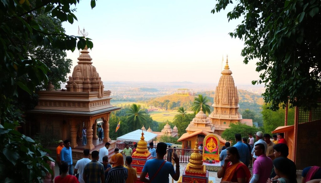 A serene Hindu temple nestled amidst lush greenery, its ornate spires and intricate carvings bathed in warm, golden light. Devotees engage in rituals, their faces reflecting a sense of deep contemplation and inner peace. The middle ground showcases a vibrant mix of traditional architecture and devotional offerings, while the background reveals a tranquil landscape with rolling hills and a distant skyline. This scene captures the essence of how Hindu temples serve as sacred spaces, fostering spiritual connection and community.