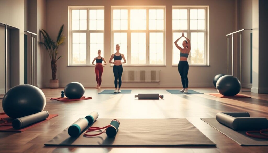 A serene Pilates studio with warm, natural lighting filtering through large windows. In the foreground, a well-equipped mat area with a variety of Pilates props - resistance bands, foam rollers, and stability balls. In the middle ground, a group of individuals in activewear performing essential Pilates exercises, their movements graceful and focused. The background features a clean, minimalist decor with muted tones, creating a calming, meditative atmosphere. The overall scene conveys the peaceful, restorative essence of beginning a Pilates practice, encouraging the viewer to envision themselves embarking on a journey towards improved fitness and well-being.