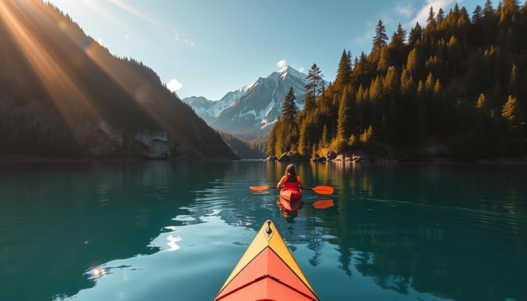 A serene West Coast bay, its calm waters reflecting the dramatic cliffs and lush evergreen forests surrounding it. In the foreground, a solo kayaker navigates the glassy surface, paddle gently dipping into the cool, teal-colored water. Warm, golden sunlight filters through wispy clouds, casting a soft, natural glow across the scene. The kayaker's bright, vibrant paddling gear stands out against the muted, earthy tones of the landscape. In the distance, majestic snow-capped mountains peek out from behind towering pine trees, hinting at the rugged beauty of the West Coast wilderness. The overall atmosphere is one of tranquility, adventure, and a deep connection with the natural world.