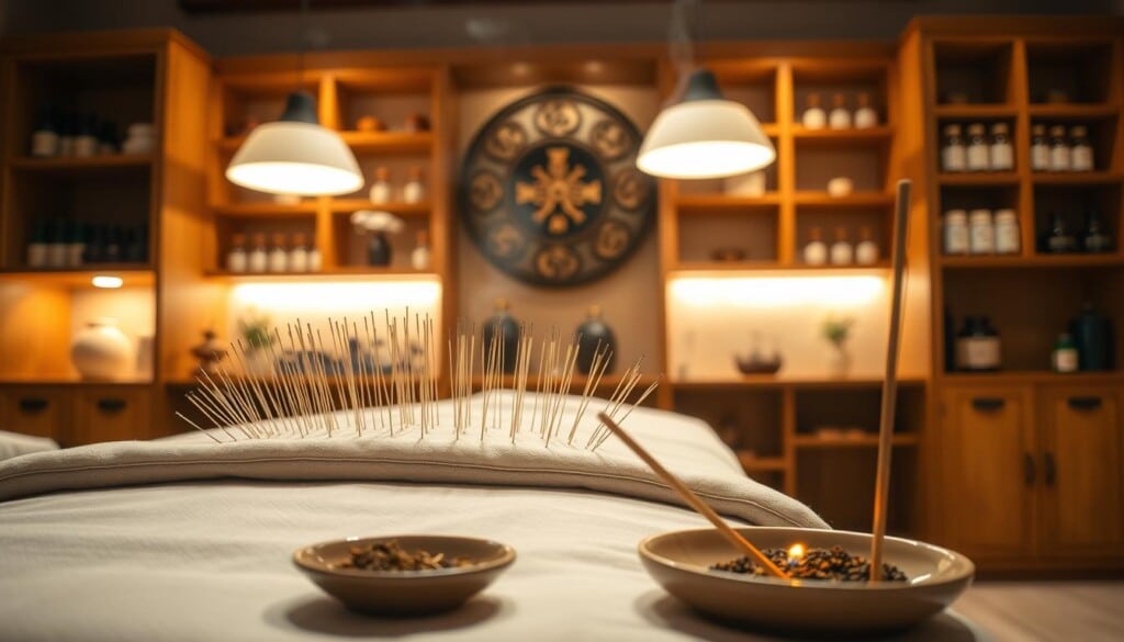 A serene acupuncture clinic, bathed in warm, diffused lighting from overhead lamps. On a padded massage table, an array of delicate acupuncture needles rest in a precise arrangement, ready for the practitioner's skilled hands. In the foreground, a small dish holds fragrant herbs and a lit incense stick emits a calming aroma. The background features wooden cabinetry housing neatly arranged vials and jars of traditional Chinese medicine. The overall atmosphere is one of tranquility and healing, inviting the viewer to envision the restorative experience of an acupuncture session.