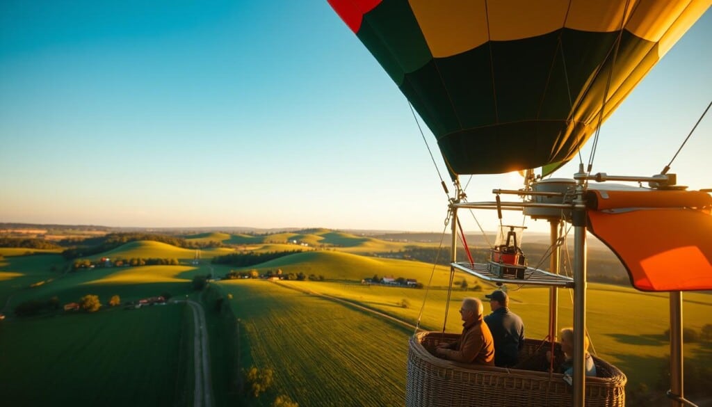A serene aerial landscape with a majestic hot air balloon in the foreground, its vibrant colors and patterns contrasting against the clear blue sky. In the middle ground, the balloon's basket is visible, with passengers securely strapped in and the pilot diligently monitoring the controls. In the background, a rolling green countryside unfolds, dotted with trees and pastoral scenes, conveying a sense of tranquility and safety. The scene is illuminated by warm, golden sunlight, casting a glowing, cinematic atmosphere. The composition emphasizes the balloon's safety features, such as the sturdy tether lines and the well-equipped basket, while highlighting the breathtaking beauty of the hot air ballooning experience.