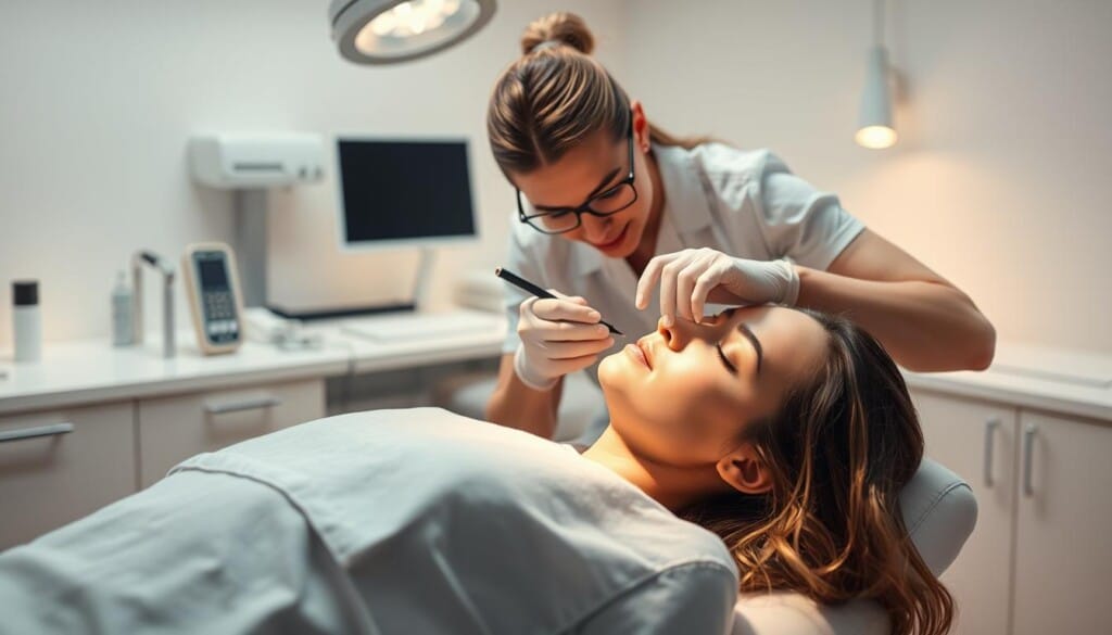 A serene and professional medical setting, with a patient reclined comfortably on a treatment table. A licensed permanent makeup artist leans in, their skilled hands applying pigments with precision and care, using specialized tools and techniques to minimize discomfort. Soft, indirect lighting casts a warm, soothing glow, creating an atmosphere of trust and expertise. In the background, clean, sterile surfaces and medical-grade equipment convey the high standards of safety and hygiene. The overall scene evokes a sense of professionalism, empathy, and a commitment to the well-being of the client.