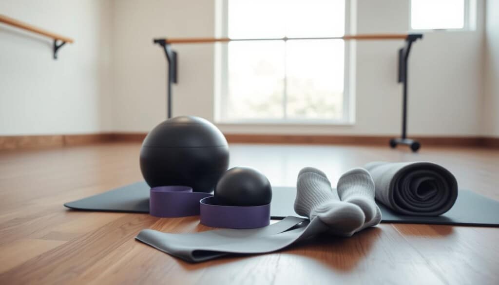 A serene and well-lit studio setting, with a wooden floor and muted tones. In the foreground, a neatly arranged selection of essential barre class gear: a sturdy yoga mat, a supportive exercise band, a small inflated ball, and a pair of grippy socks. In the middle ground, a ballet barre stands ready, inviting the viewer to begin their workout. The background features a large window, allowing natural light to filter in and create a calming, rejuvenating atmosphere. The overall scene conveys a sense of preparation, focus, and the excitement of embarking on a new fitness journey.
