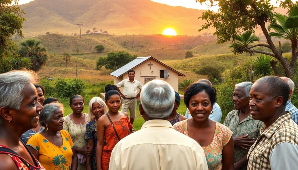 A serene community gathering in a lush, verdant missionary outpost. In the foreground, local residents converse animatedly, their faces alight with a spirit of collaboration and purpose. The middle ground features a modest church building, its weathered facade a testament to the passage of time and the dedication of its congregation. In the background, rolling hills dotted with vibrant flora extend toward a horizon bathed in the warm glow of a golden sunset, symbolizing the hope and prosperity that community development can bring. The scene is captured through a wide-angle lens, conveying a sense of inclusivity and connectedness, as if inviting the viewer to be a part of this vibrant community.