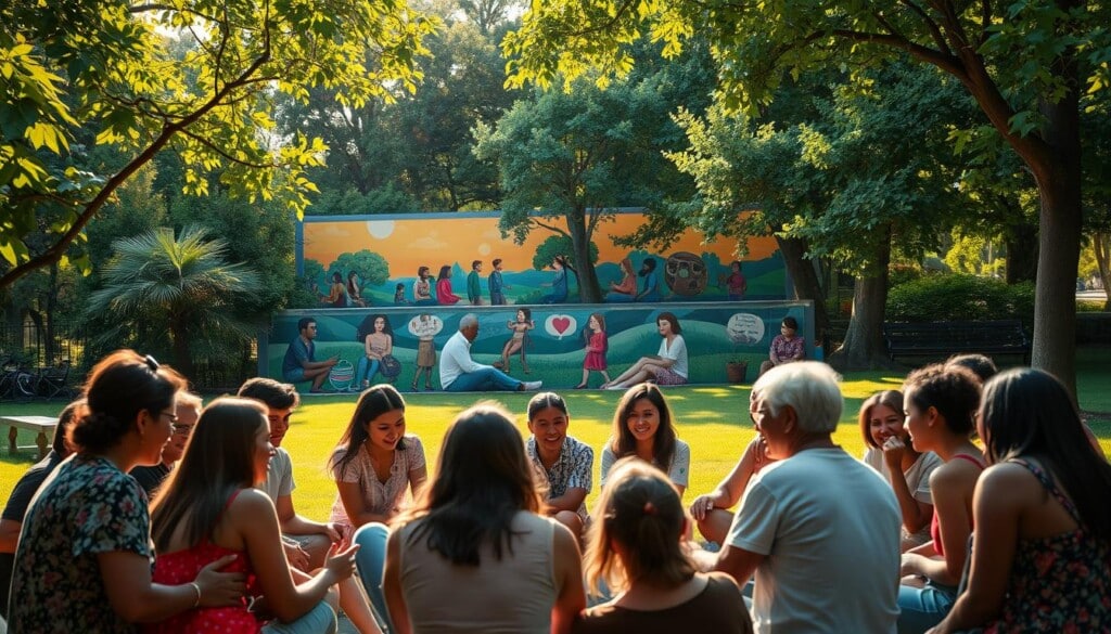 A serene community gathering in a sun-dappled park, where diverse individuals come together in an atmosphere of compassion and connection. In the foreground, a diverse group of people sit in a circle, engaging in intimate conversation and exchanging stories. The middle ground showcases a vibrant mural depicting scenes of unity, support, and the power of shared experiences. In the background, lush greenery and a warm, golden-hued sky create a sense of tranquility and belonging. Soft, diffused lighting casts a gentle glow, highlighting the genuine interactions and fostering a sense of emotional warmth and safety.