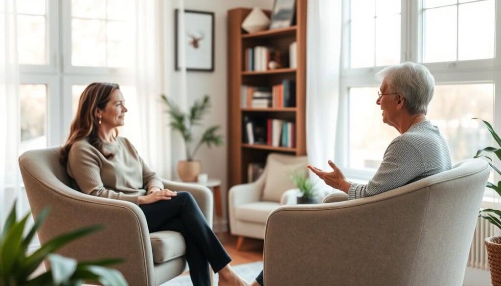 A serene counseling session in a warm, welcoming office. Soft natural light filters through large windows, casting a gentle glow on the scene. In the foreground, a therapist and patient sit across from each other, engaged in deep, thoughtful discussion. Their body language conveys empathy, trust, and a collaborative spirit. Plush armchairs, a calming color palette, and carefully curated decor elements create an atmosphere of comfort and personal growth. In the background, a bookshelf filled with psychological resources subtly suggests the expertise and care within this space. An overall sense of tranquility and healing pervades the scene, reflecting the transformative power of effective counseling.