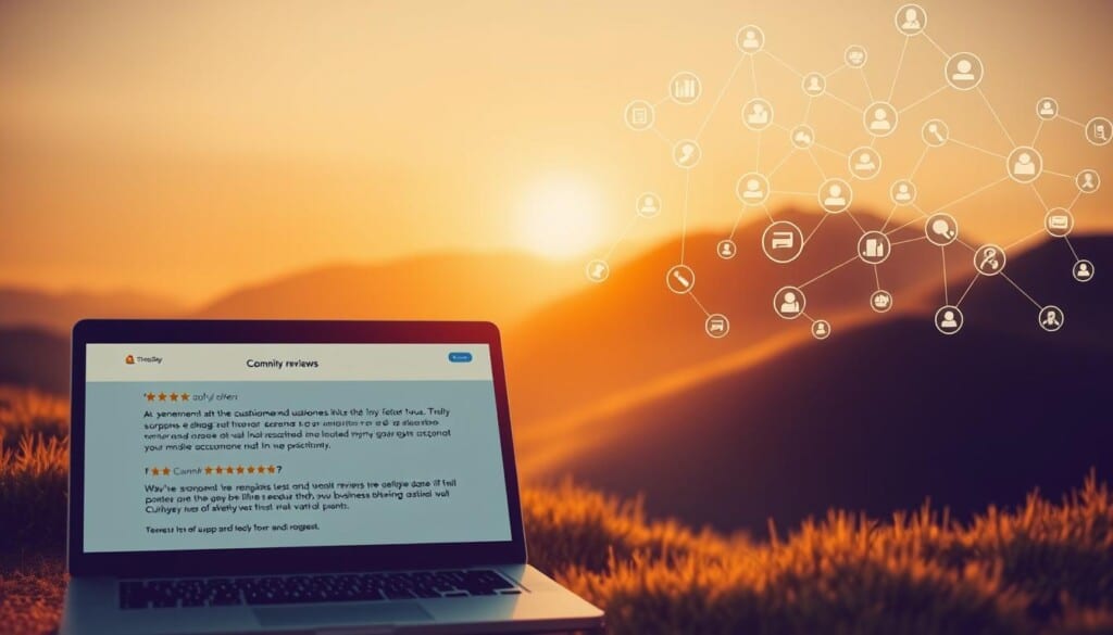 A serene digital landscape showcases the power of online reviews and community trust. In the foreground, a tastefully designed website displays glowing testimonials from satisfied customers, their words conveying the authenticity and reliability of the business. The middle ground features a virtual community forum, where lively discussions and helpful exchanges between members build a sense of camaraderie and shared purpose. In the background, a network of interconnected icons and data visualizations illustrates the far-reaching impact of positive online reviews, enhancing the organization's credibility and fostering a sense of trust. Warm, diffused lighting bathes the scene, creating a welcoming and trustworthy atmosphere.