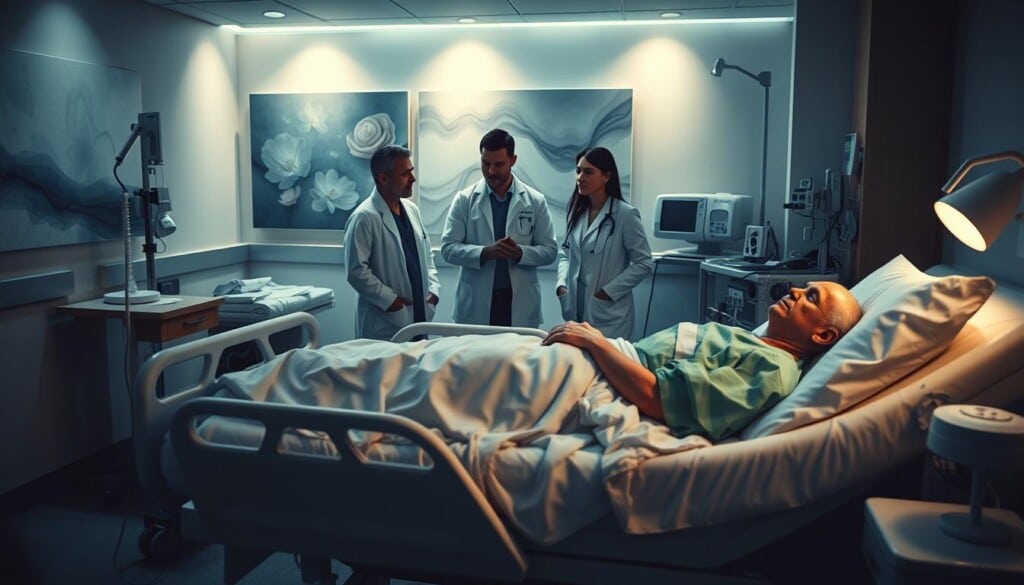 A serene, dimly lit hospital room with a calming atmosphere. In the foreground, a patient rests on an adjustable hospital bed, various pain relief devices and techniques visible, such as an IV drip, heat pads, and massage tools. The middle ground features a team of attentive medical professionals, including an anesthesiologist, discussing pain management strategies. The background depicts soothing, abstract wall art and medical equipment, creating a sense of expertise and care. Soft, directional lighting illuminates the scene, casting gentle shadows and highlighting the key elements. The overall composition conveys a sense of tranquility, professionalism, and the specialized knowledge of pain management techniques.