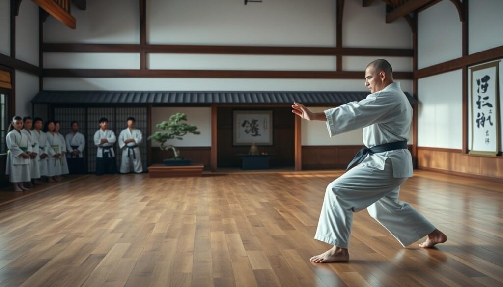 A serene dojo setting, with a hardwood floor and a backdrop of traditional Japanese architecture. In the foreground, a martial artist in a white gi, demonstrating a basic defensive stance, their movements fluid and controlled. Soft, diffused lighting from overhead illuminates the scene, casting gentle shadows that accentuate the athlete's form. The middle ground features several students observing attentively, their faces focused and engaged. The background holds a bonsai tree and a calligraphic scroll, conveying a sense of Eastern philosophy and discipline. The overall atmosphere is one of tranquility, focus, and the mastery of fundamental techniques.