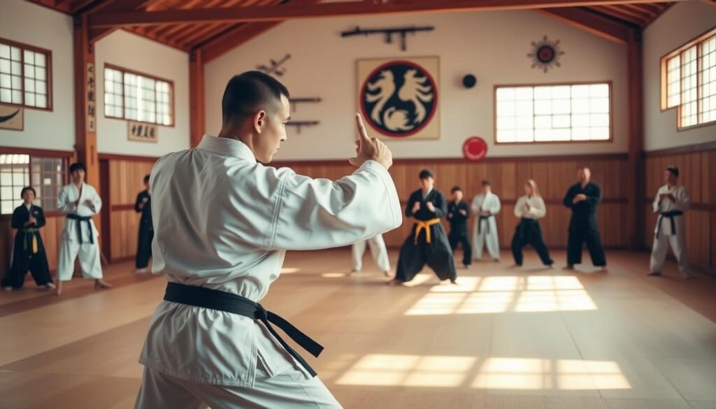 A serene dojo setting with a warm, natural lighting. In the foreground, a skilled martial artist demonstrates a fluid, powerful kata, their movements graceful and precise. In the middle ground, students of various ages and abilities practice their forms, faces focused with determination. The background features artwork, weapons, and symbols representing the rich history and philosophy of the martial arts. An atmosphere of discipline, self-improvement, and inner calm permeates the scene.