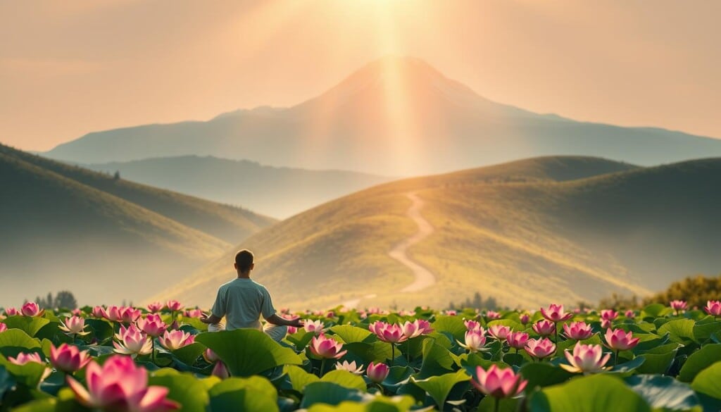 A serene, ethereal landscape reflecting the journey of spiritual growth. In the foreground, a solitary figure meditates amidst a field of blooming lotus flowers, their vibrant petals symbolizing enlightenment. The middle ground features a winding path through verdant hills, guiding the viewer towards a distant, snow-capped mountain peak - a metaphor for the ascent towards higher consciousness. The background is bathed in warm, golden light, casting a peaceful, transcendent glow over the entire scene. Soft, diffused lighting creates a dreamlike atmosphere, evoking a sense of inner contemplation and the quiet pursuit of spiritual understanding.