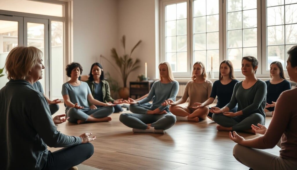 A serene gathering of people seated in a circle, eyes closed, hands resting gently on their laps. Soft natural light filters through large windows, casting a warm glow on the scene. The room is sparsely decorated, with wooden floors and minimalist decor, creating a sense of calm and focus. In the background, potted plants and a single candle flicker, adding to the tranquil atmosphere. The faces of the meditators are serene, their expressions reflecting the profound benefits of communal practice - a deep sense of connection, inner peace, and collective healing.