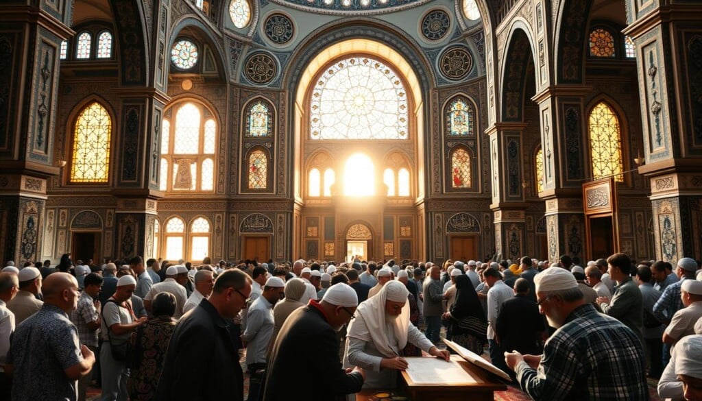 A serene gathering of worshippers within the ornate archways and domes of a grand mosque, bathed in the warm glow of natural light filtering through stained glass windows. In the foreground, a diverse group of men, women, and children engaged in lively discussion, sharing meals, and participating in communal activities that foster a strong sense of belonging and unity. In the middle ground, a calligrapher meticulously crafting intricate Arabic scripts on parchment, while elders impart wisdom to the younger generation. The background showcases the architectural magnificence of the mosque, with intricate calligraphy, geometric patterns, and vibrant colors adorning the walls, creating an atmosphere of reverence and spirituality.