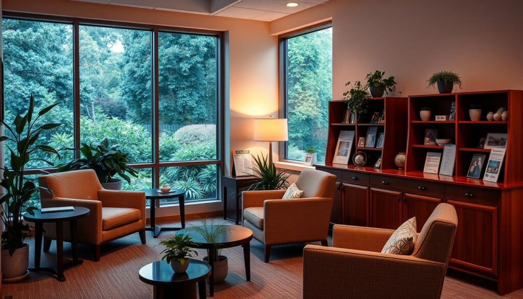 A serene healthcare setting, warm lighting illuminating a cozy waiting area. Plush armchairs and side tables, potted plants casting gentle shadows. Informative brochures and educational materials neatly displayed on an oak credenza. A large window offers a soothing view of a lush garden, birds fluttering among the foliage. The atmosphere exudes a sense of comfort and care, designed to put patients and their families at ease during their healthcare journey. A safe haven of compassion and support.