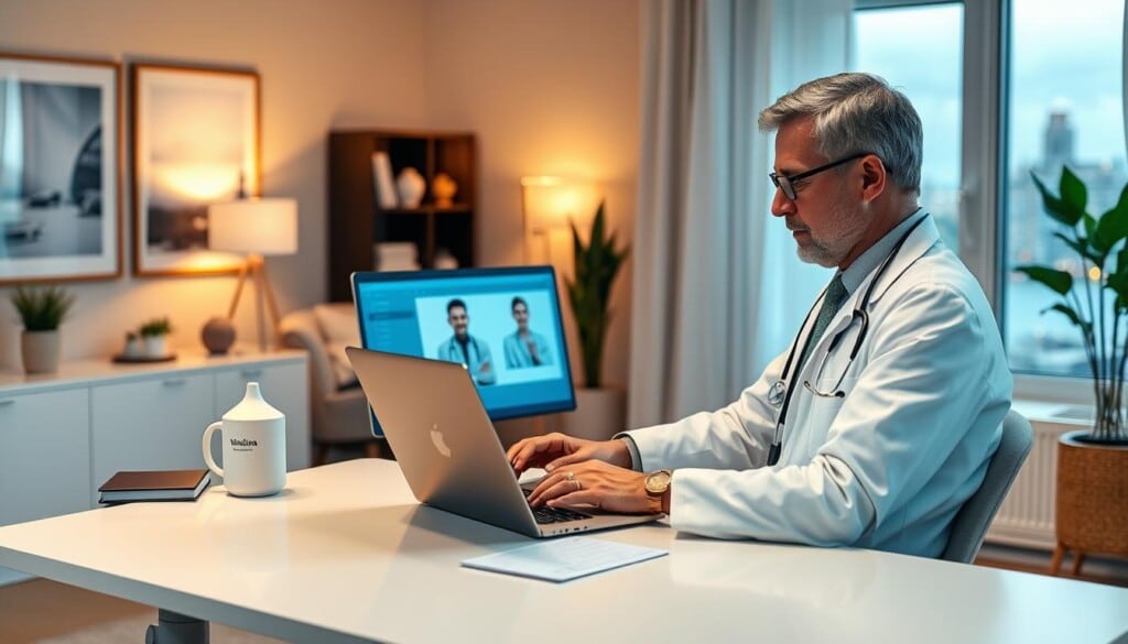 A serene home office setup with a neurologist conducting an online consultation. In the foreground, a professional-looking doctor sits at a modern, minimalist desk, attentively examining medical records on a laptop screen. The middle ground features a cozy, well-lit room with warm lighting and calming artwork on the walls, conveying a sense of care and expertise. In the background, a window overlooks a peaceful urban cityscape, suggesting the convenience and accessibility of virtual neurological services. The overall atmosphere is one of trust, expertise, and patient-centric care.
