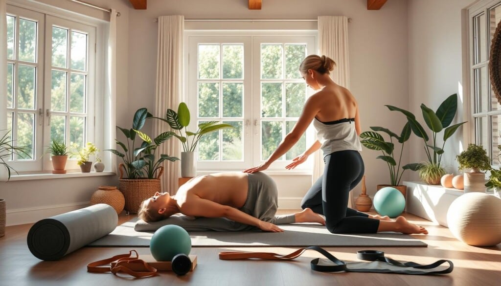 A serene home studio with large windows bathed in soft natural light. In the foreground, a person performing a Rolfing technique, their hands gently guiding the client's body into alignment. The middle ground showcases various Rolfing tools and props, such as foam rollers, massage balls, and straps. The background features soothing botanical decor, creating a calming, holistic atmosphere. The scene conveys a sense of balance, mindfulness, and the integration of Rolfing into a comprehensive wellness routine.