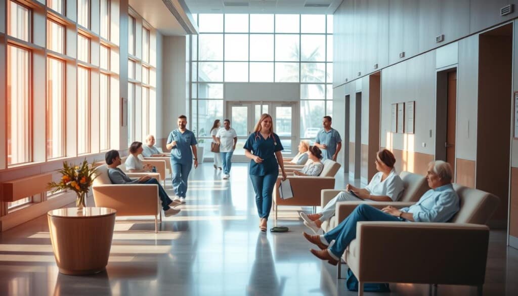 A serene hospital lobby where patients and visitors move through with a sense of calm and comfort. Soft natural lighting filters through large windows, casting a warm glow on the modern, minimalist furnishings. Patients sit in plush chairs, conversing with loved ones or enjoying a moment of quiet reflection. Nurses and staff move efficiently yet unhurriedly, their gentle demeanor radiating care and professionalism. The overall atmosphere conveys a welcoming, patient-centric experience, designed to put individuals at ease during their hospital visit.