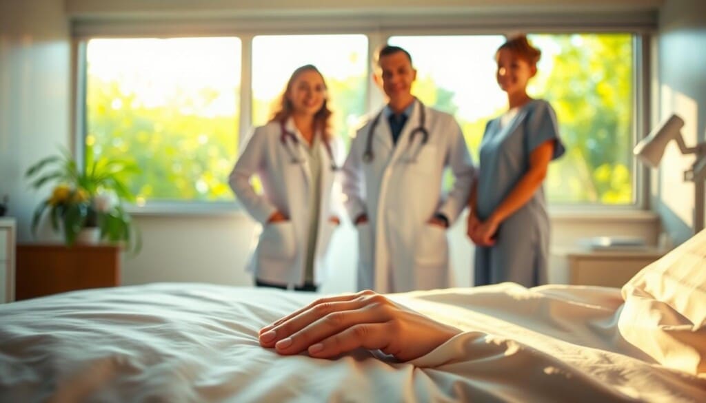 A serene hospital room, flooded with warm, soft lighting. In the foreground, a patient's hand rests gently on a bedsheet, symbolizing the impact of donations on their recovery. In the mid-ground, a doctor and nurse stand side by side, their expressions conveying compassion and care. The background features a window overlooking a lush, verdant garden, representing the hope and healing that donations enable. The scene emanates a sense of tranquility, gratitude, and the profound difference that charitable support can make in people's lives.