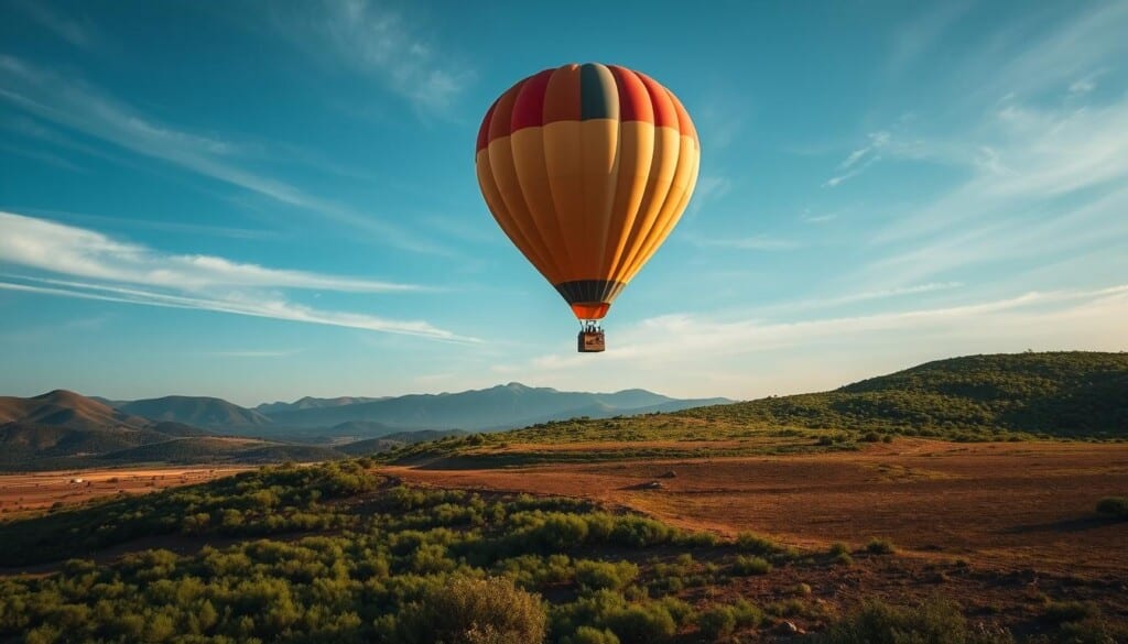 A serene hot air balloon ascending gracefully against a backdrop of rolling hills and an azure sky, casting a long, pensive shadow on the lush, verdant landscape below. In the foreground, a delicate balance of color and texture - the vibrant, striped envelope contrasted by the rugged, earthy terrain. The scene evokes a sense of tranquility, yet subtly hints at the environmental impact of this mode of transport, as the balloon's shadow suggests its substantial carbon footprint. Dramatic, cinematic lighting illuminates the scene, creating a contemplative mood that invites the viewer to ponder the delicate relationship between the thrill of adventure and the responsibility of environmental stewardship.