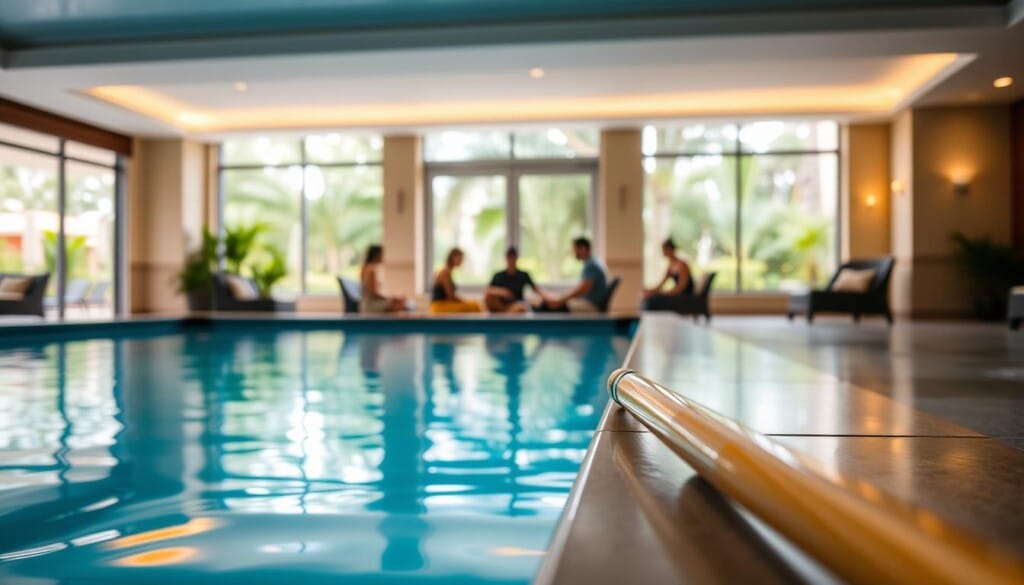 A serene indoor pool setting with a polished tiled floor and clear blue water. In the foreground, a pool cue rests on the edge, signifying the game at hand. In the middle ground, a group of players engage in a friendly match, their body language conveying respect and sportsmanship. The background features a warm, ambient lighting, creating a welcoming atmosphere. Through the large windows, a glimpse of lush greenery outside suggests a tranquil, resort-like environment. The overall scene radiates a sense of camaraderie, skill, and adherence to the unspoken rules of pool etiquette.