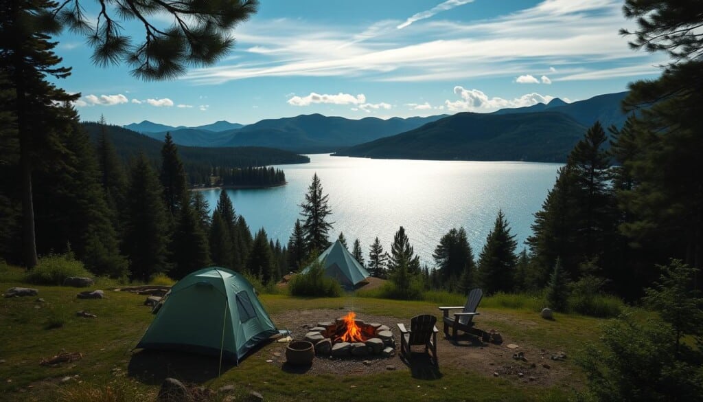 A serene lakefront campground nestled in a lush, verdant landscape. In the foreground, a well-appointed campsite with a cozy tent, campfire, and outdoor furniture. In the middle ground, a glistening, tranquil lake reflecting the azure sky and surrounding pine trees. In the background, rolling hills and towering mountains create a picturesque backdrop. Soft, diffused natural lighting illuminates the scene, creating a warm, inviting atmosphere. The overall composition captures the essence of a peaceful, nature-immersed camping experience.