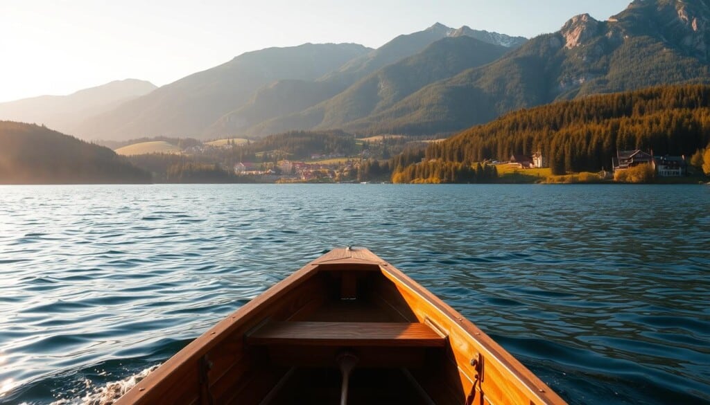 A serene lakeside scene, with a small wooden boat gently gliding across the calm waters. The afternoon sun casts a warm, golden glow, illuminating the rippling surface and the lush, verdant shoreline. In the foreground, the boat's hull and oars are clearly visible, while the middle ground features a picturesque landscape of rolling hills, dense forests, and a few distant buildings. The background is dominated by a stunning mountain range, their peaks capped with a dusting of snow. The overall atmosphere evokes a sense of peaceful exploration and tranquility, perfect for a new boater to navigate these local waters with confidence.