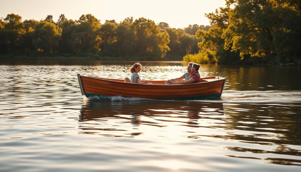 A serene lakeside scene with a well-crafted wooden boat gently rocking on the calm, glassy water. Vibrant green trees and lush foliage line the shore, casting soft, dappled shadows across the tranquil surface. The boat's occupants, a family of four, are captured in a moment of pure bliss - laughter, conversation, and the simple joy of being out on the water. Warm, golden afternoon sunlight bathes the entire tableau, creating a sense of peace and tranquility. The composition is balanced, with the boat positioned slightly off-center, allowing the viewer to appreciate the natural beauty surrounding it. This image evokes the essence of a truly memorable boating experience.