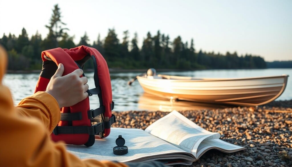 A serene lakeside scene. In the foreground, a person carefully inspects a life jacket, ensuring proper fit and function. Nearby, a map and compass lay open, indicating route planning. In the middle ground, a boat gently rests on the shore, its hull gleaming in the soft, golden light of dawn. The background features lush, evergreen trees and a calm, reflective surface of the water, creating a tranquil atmosphere. The overall composition conveys a sense of preparedness and contemplation, capturing the essence of pre-trip boating safety.